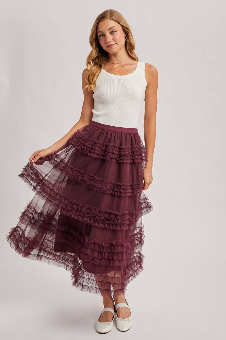 ROMANTIC RUFFLE TIERED TULLE MIDI SKIRT