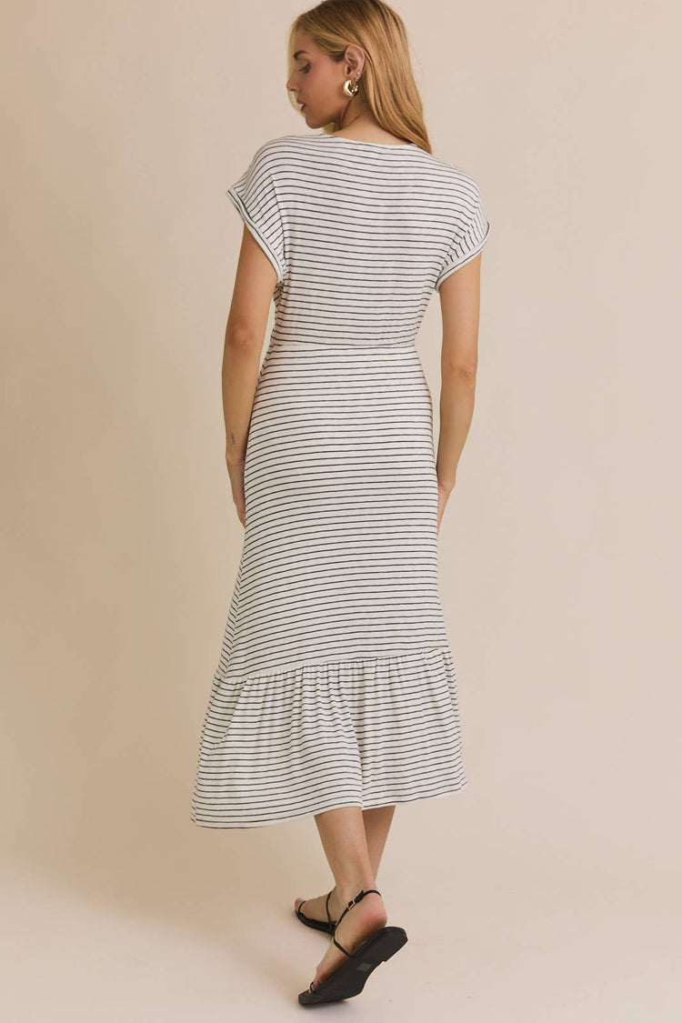 V-NECK SHORT SLEEVE STRIPE DRESS