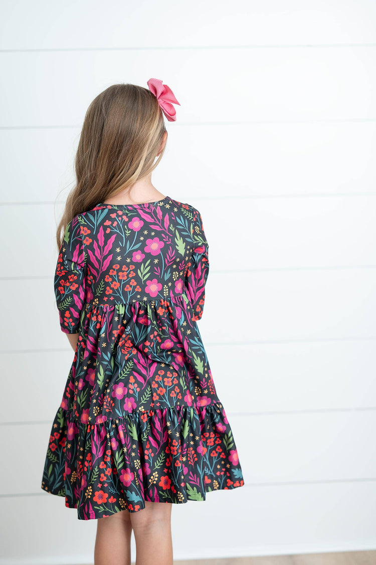 Girls Emma Dark Magenta Fall Floral Tiered Twirl Dress