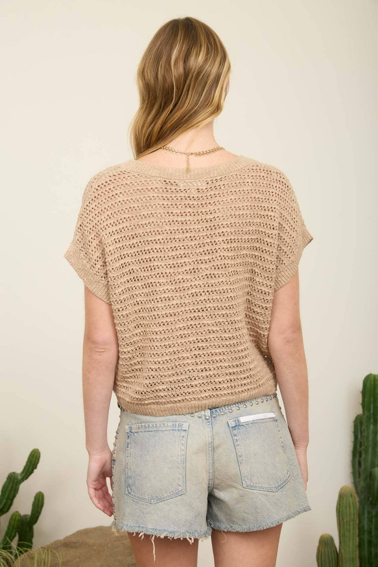 LACE UP NECKLINE CROCHET KNIT SHORT SLEEVE TOP