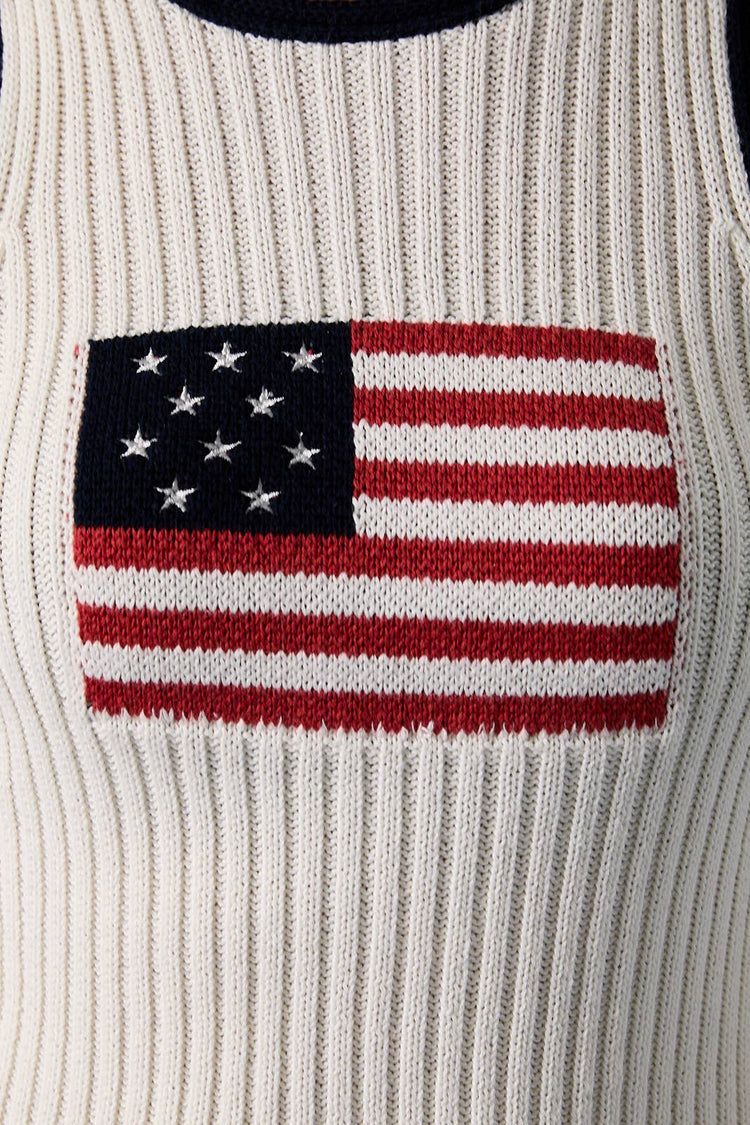 "USA FLAG " ROUND NECK CONTRAST COLOR RIBBED SWEATER TOP