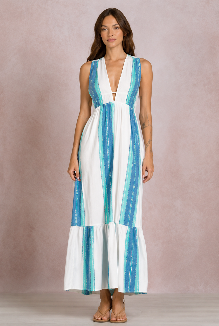 Aqua Stripe Plunge Maxi Dress