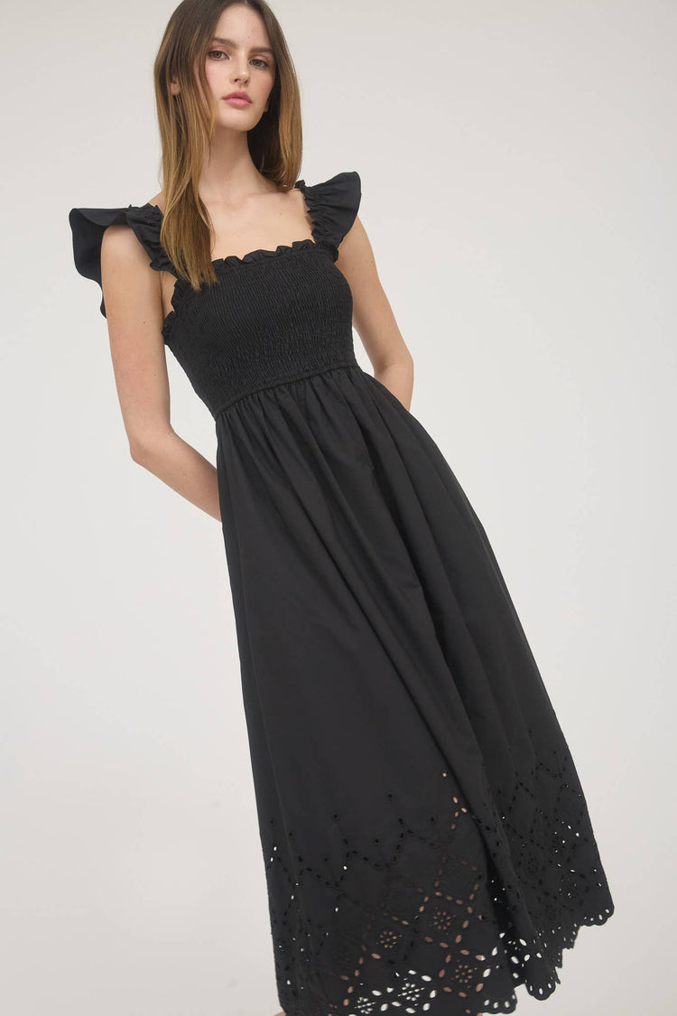 SMOCKED RUFFLE SLEEVE EYELET HEM MIDI DRESS