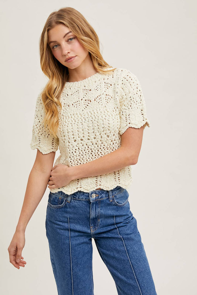 SHEER KNIT SWEATER WITH SCALLOPED HEM BOTTOM
