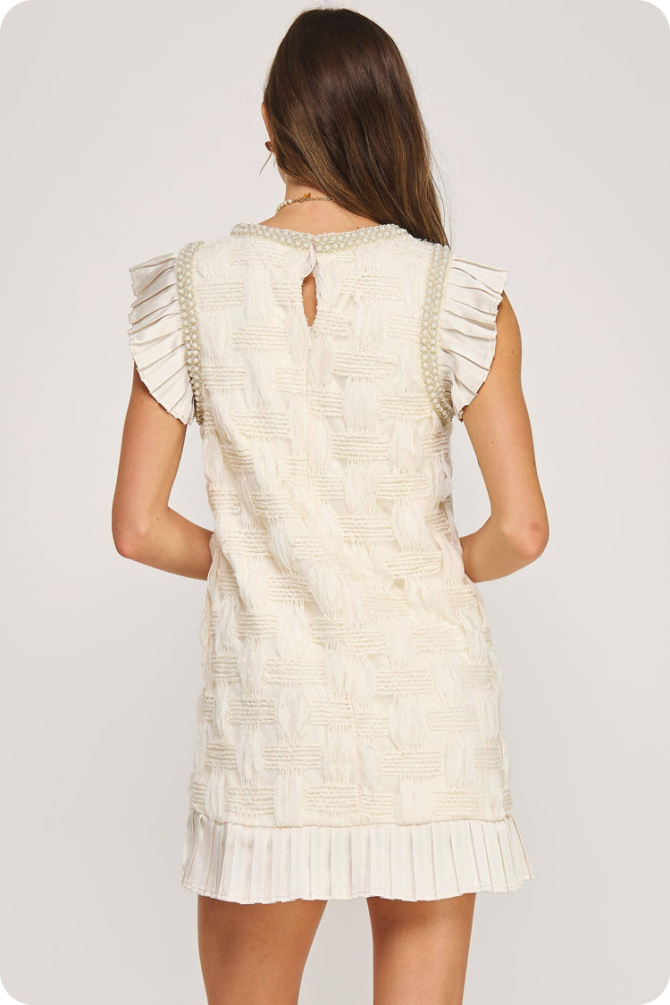 Pearl Trim Detail Textured Mini Dress