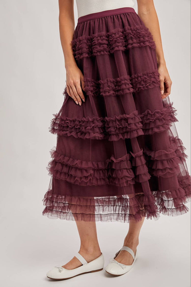 ROMANTIC RUFFLE TIERED TULLE MIDI SKIRT
