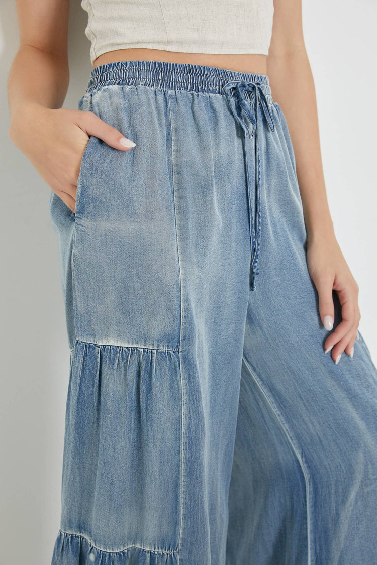 Tiered Ruffled Washed Denim Pants