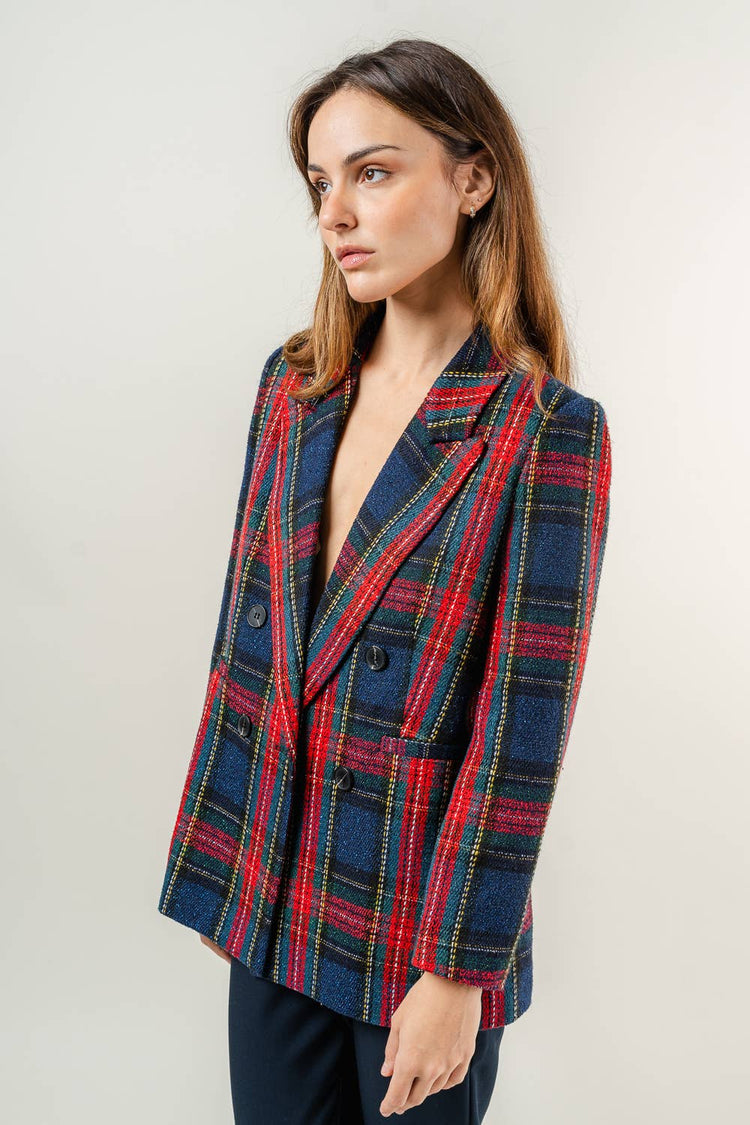 PREPPY HOLIDAY TWEED PADDED SHOULDER PLAID BLAZER