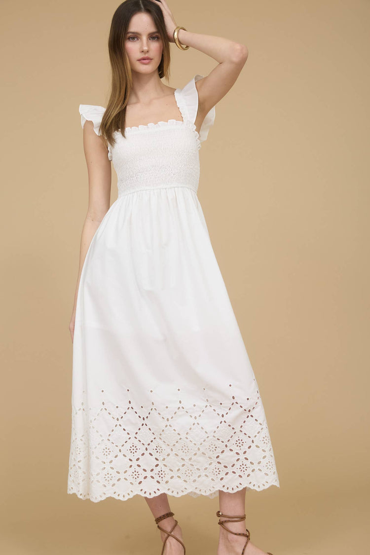 SMOCKED RUFFLE SLEEVE EYELET HEM MIDI DRESS