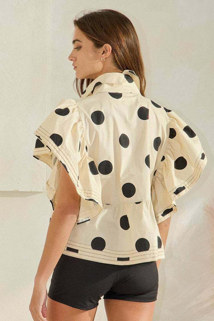 Ruffle Sleeves Pintuck Detail Polka Dot Print top