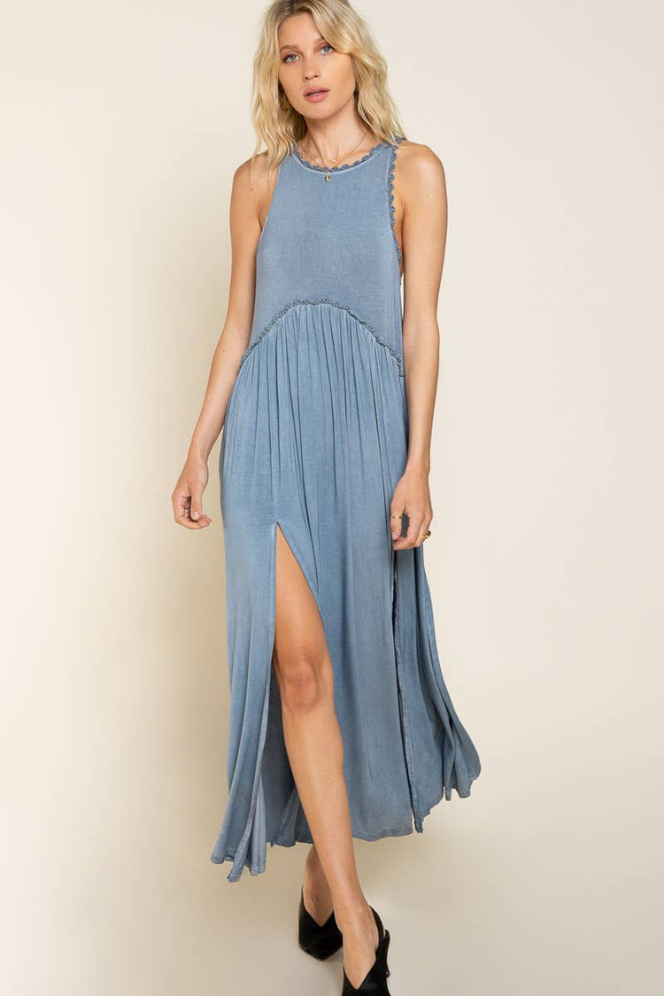Sleeveless racerback back zipper front slit knit maxi dress