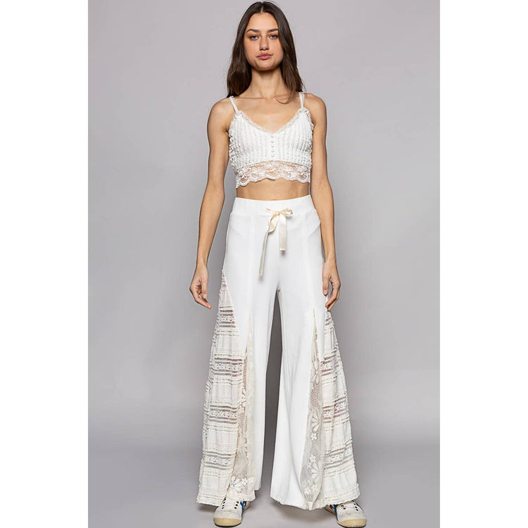 Lace Contrast Elastic Band Satin Strap Solid Wide Pants