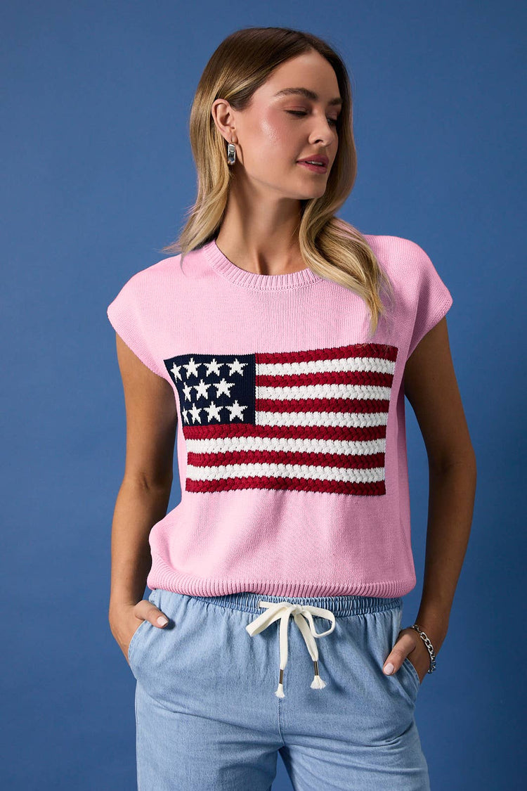 ROUND NECK WIDE SHOULDER USA FLAG SWEATER