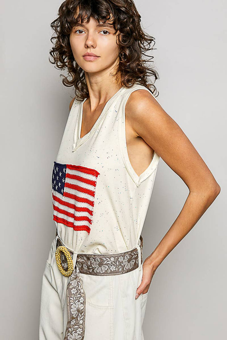 Handmade American Flag Patch Rib V-Neck Sleeveless Top