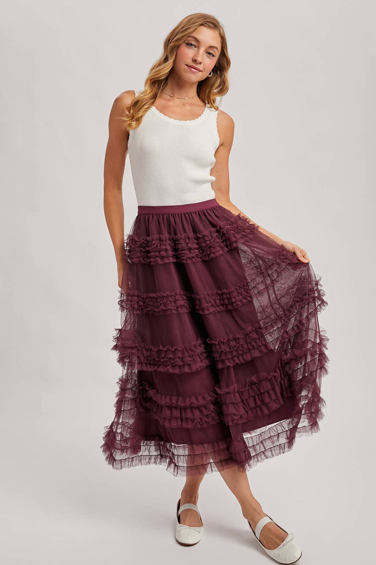 ROMANTIC RUFFLE TIERED TULLE MIDI SKIRT