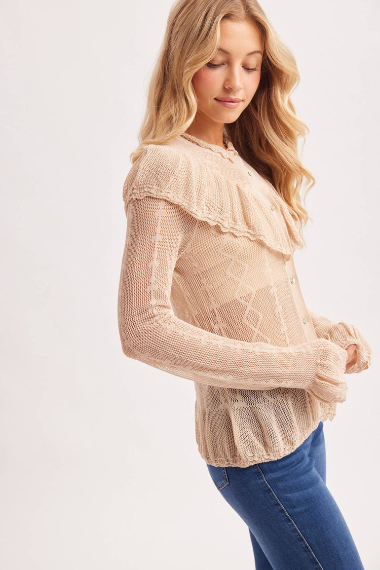 SHEER MOCK NECK BUTTON DOWN RUFFLED OPEN KNIT TOP NO LINING