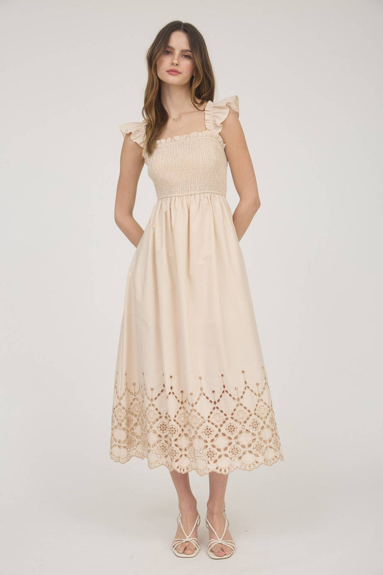 SMOCKED RUFFLE SLEEVE EYELET HEM MIDI DRESS