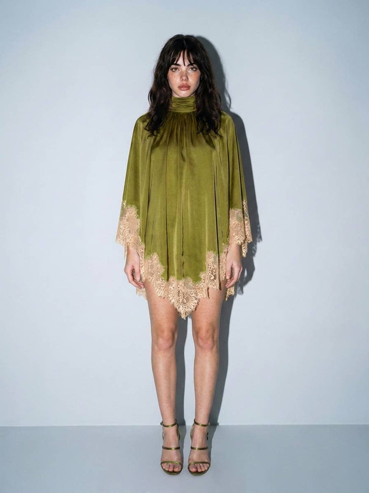 Satin Lace-Trimmed Trapeze Mini Dress
