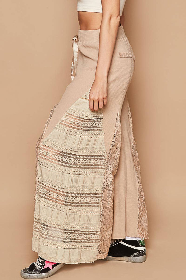 Lace Contrast Elastic Band Satin Strap Solid Wide Pants