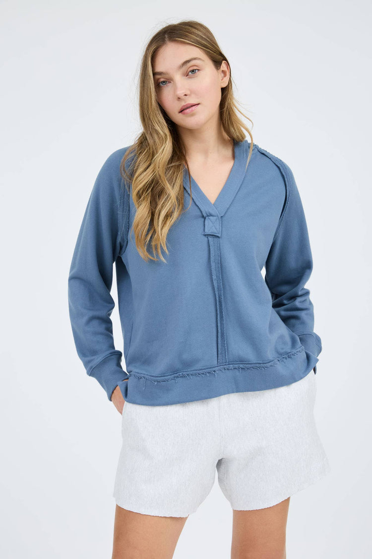 HOODED V NECK RAW EDGE LONG SLEEVE KNIT TOP