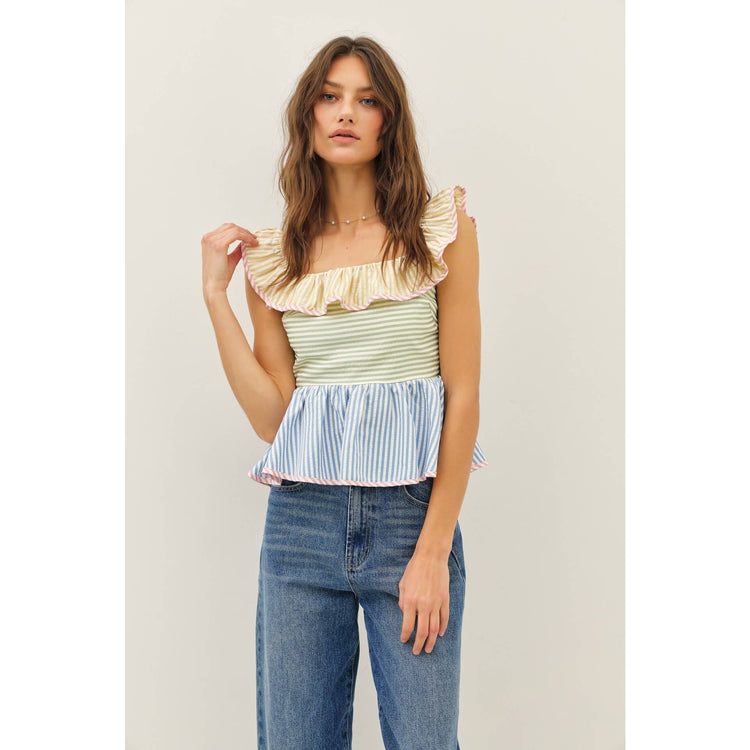 Color Block Stripe Ruffle Top