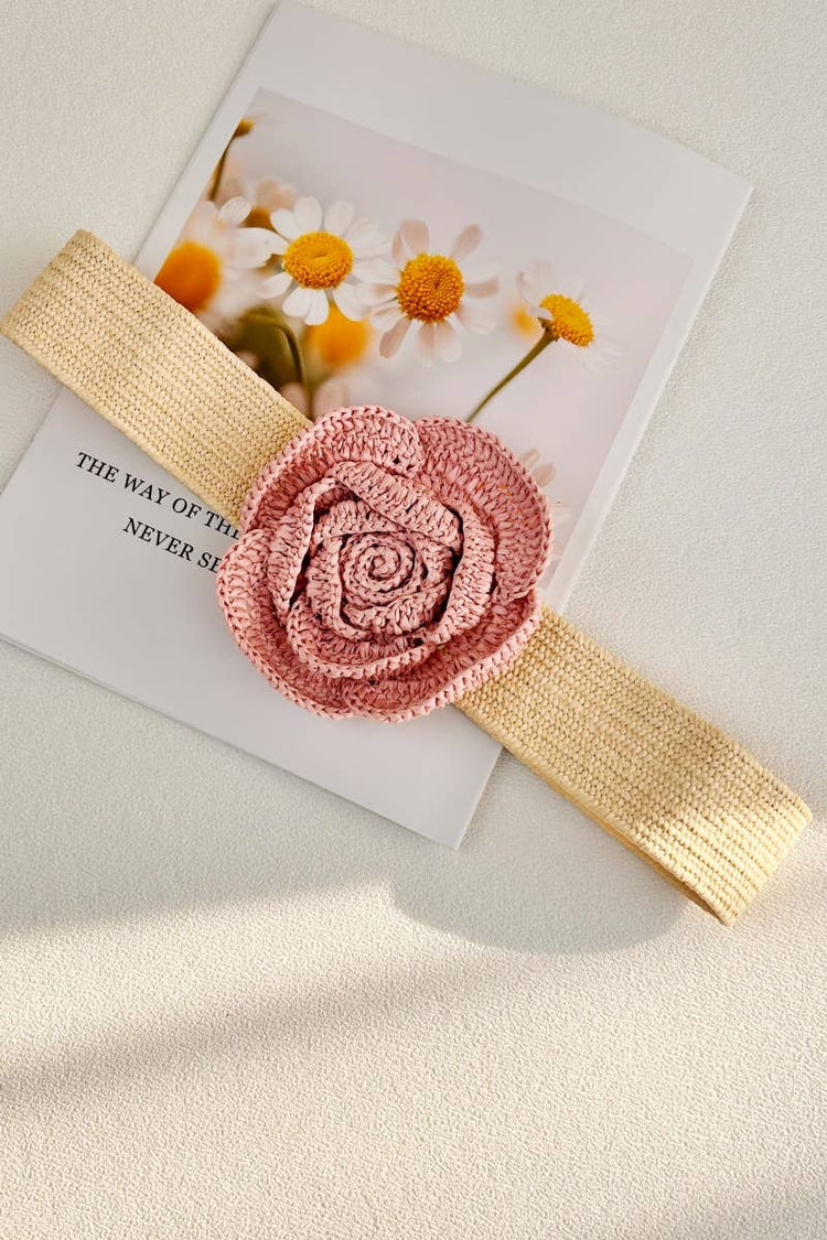 Raffia Flower Buckle Elastic Belt