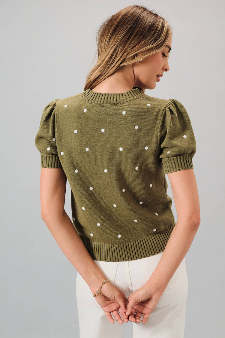Embroidered Polka Dot Short Puff Sleeve Knit Sweater