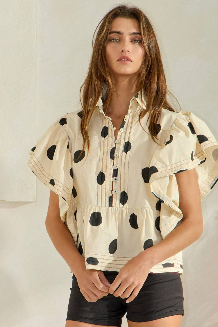Ruffle Sleeves Pintuck Detail Polka Dot Print top