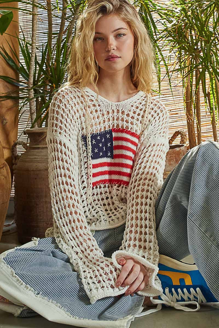 Long sleeve American flag hoodie thin sweater top