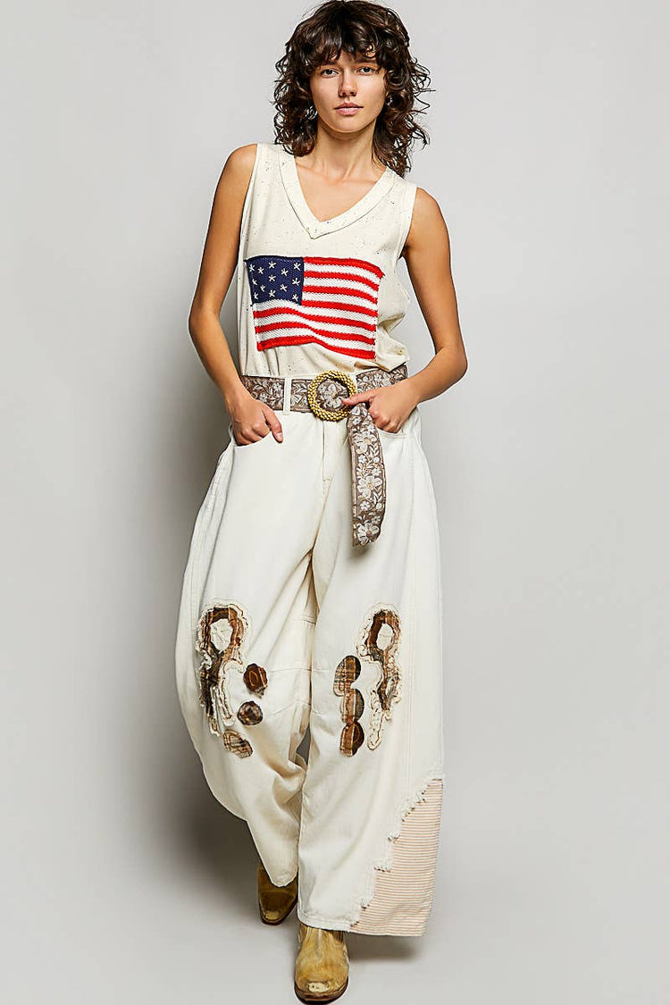 Handmade American Flag Patch Rib V-Neck Sleeveless Top