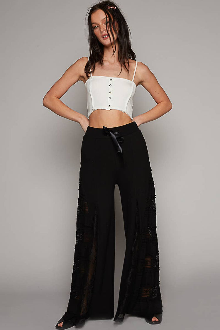 Lace Contrast Elastic Band Satin Strap Solid Wide Pants