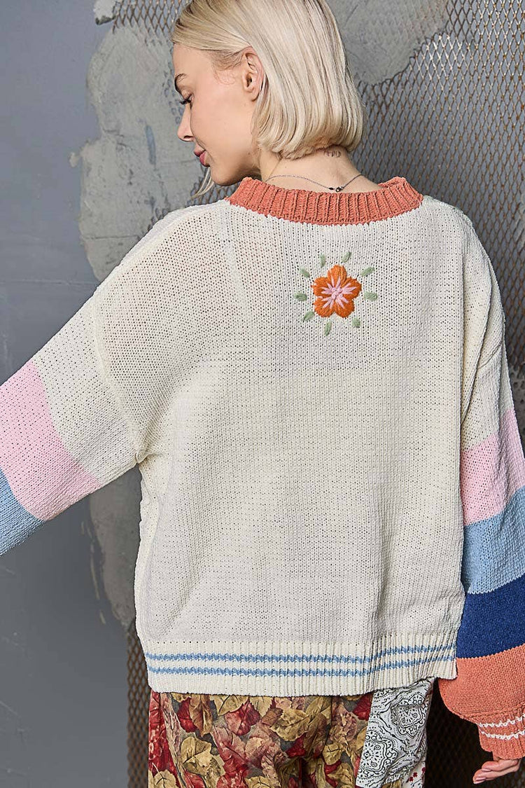 Color block pattern floral embroidered chenille sweater top