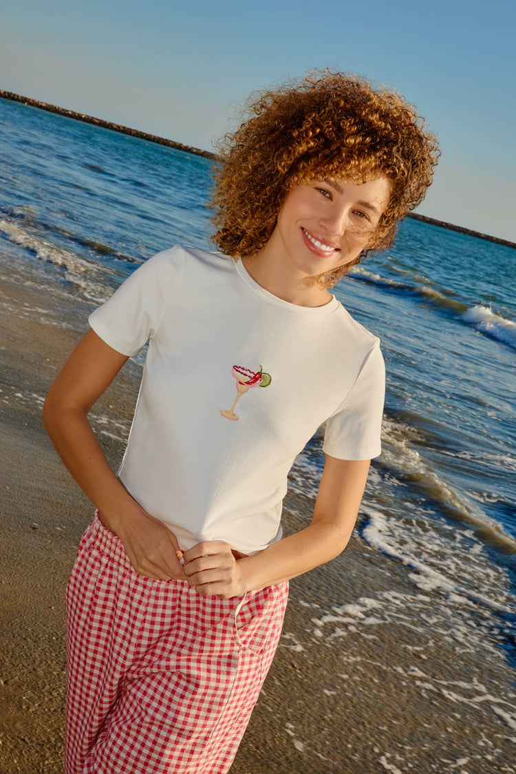 CREW NECK SHORT SLEEVE SPICY COCKTAIL EMBROIDERED T-SHIRT