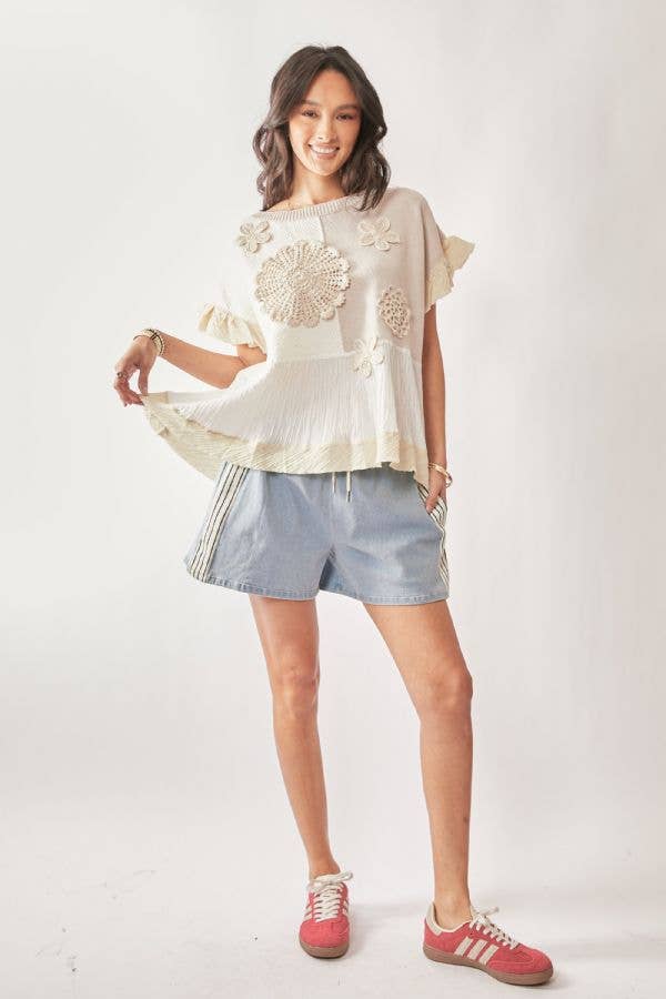 SWEATER TEXTURED FABRIC RUFFLE DETAIL TOP