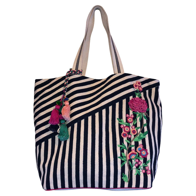 Embroidered Stripes Design Durable Fabric Tote Bag