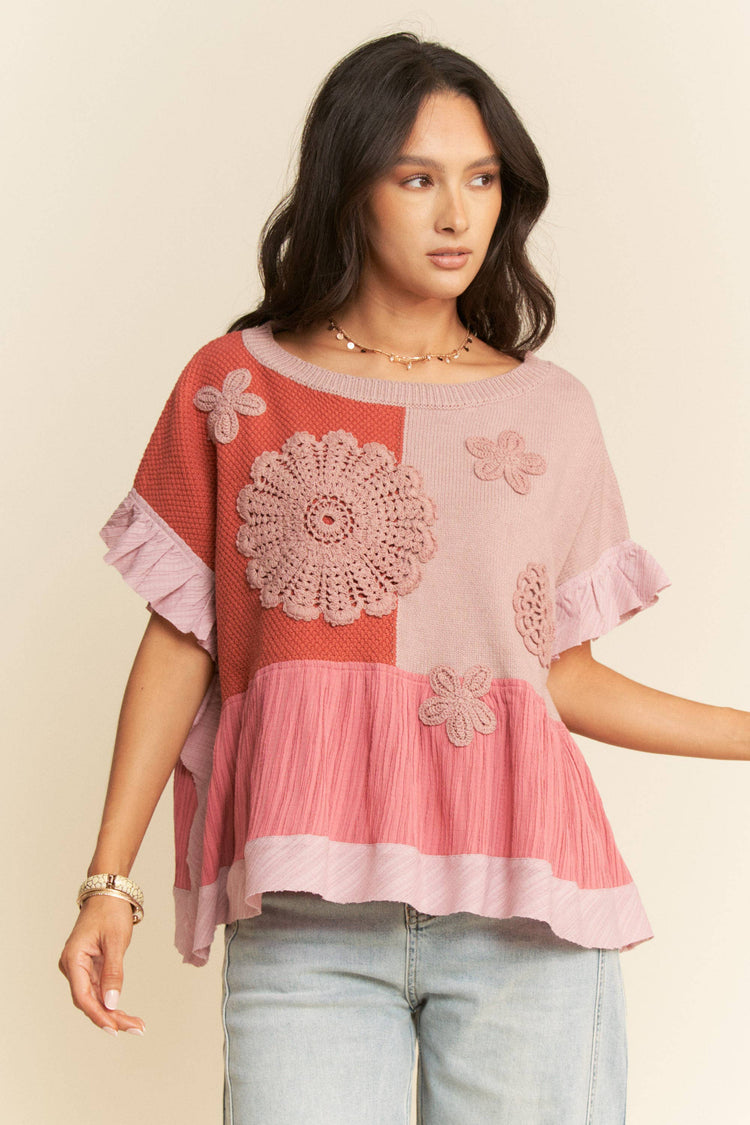 SWEATER TEXTURED FABRIC RUFFLE DETAIL TOP