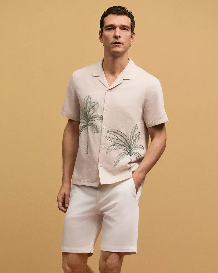 Cream and Green Palm Embroidered Resort Shirt