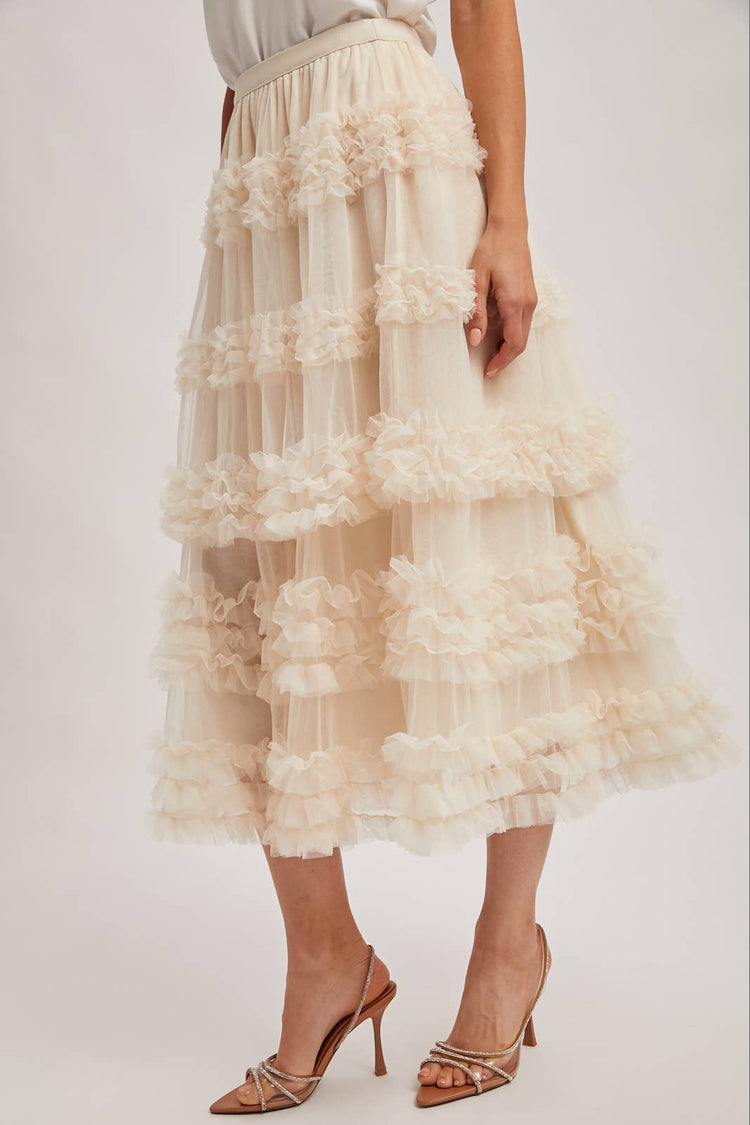 ROMANTIC RUFFLE TIERED TULLE MIDI SKIRT
