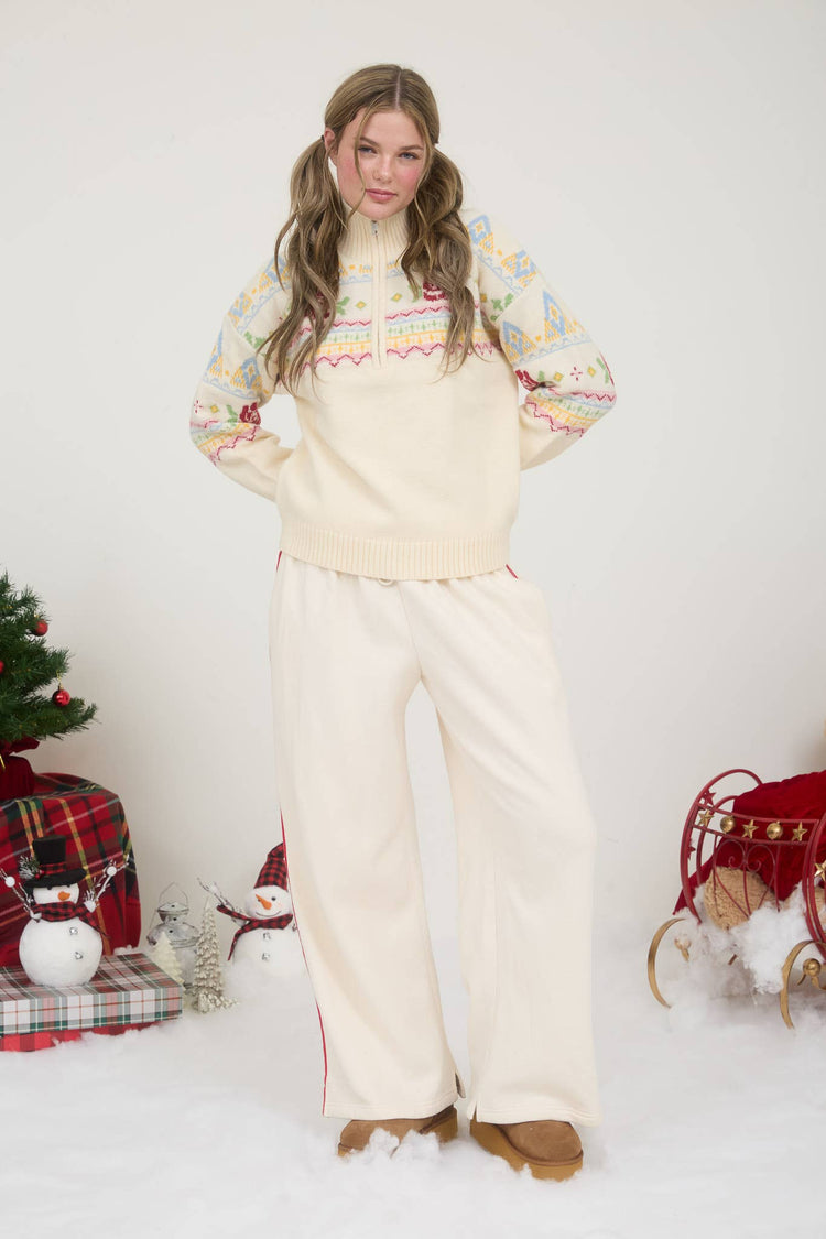 ROSE FAIR ISLE HALF ZIP KNIT PULLOVER SWEATER