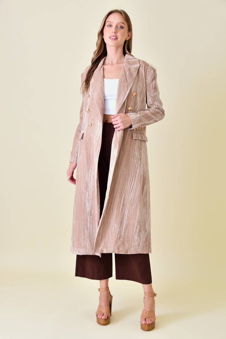 CHIC DOUBLE BREASTED WRINKLED VELVET LONG COAT