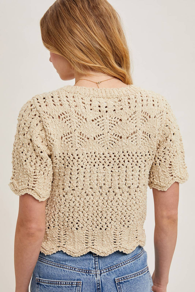 SHEER KNIT SWEATER WITH SCALLOPED HEM BOTTOM