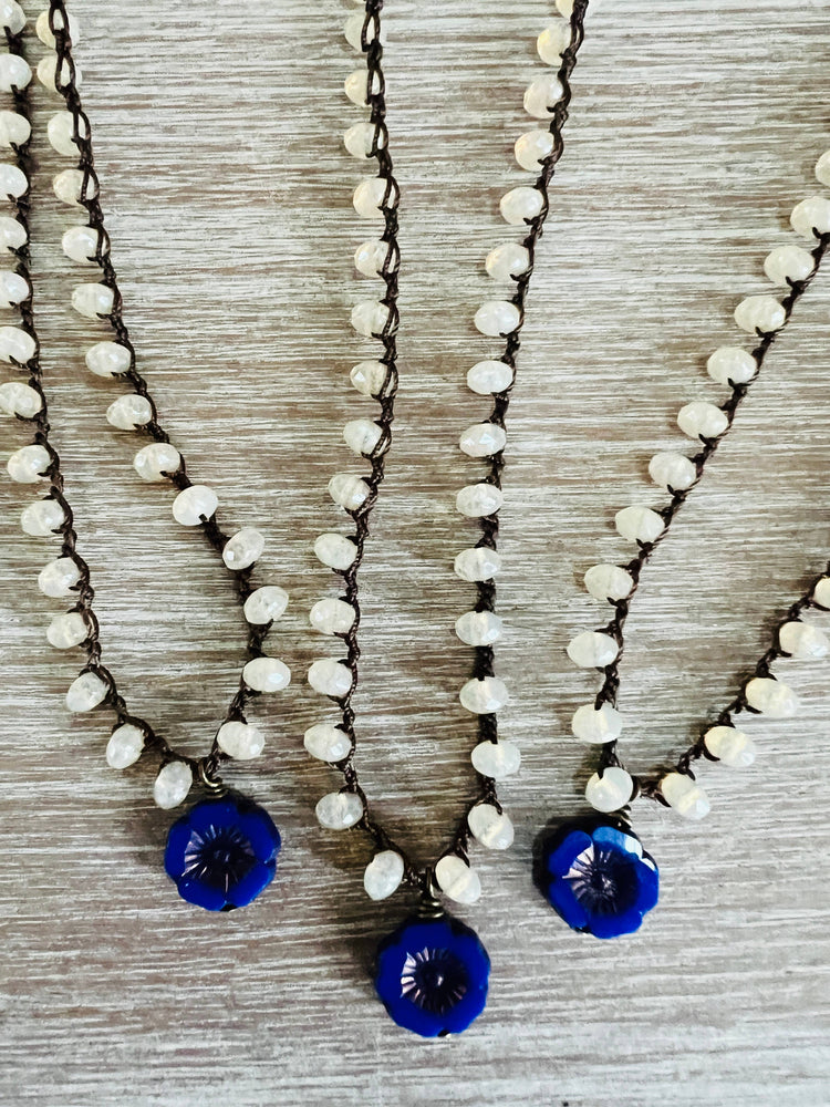 Peach Opal Crystal Necklace With Cobalt Glass Flower Pendant