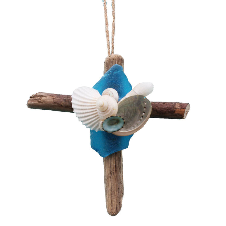 Driftwood Cross Ornament with Sea Glass