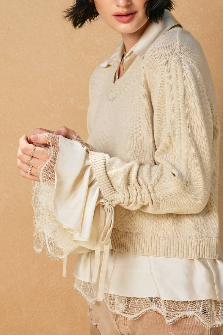 Satin Lace Shirt Insert Sweater (1)
