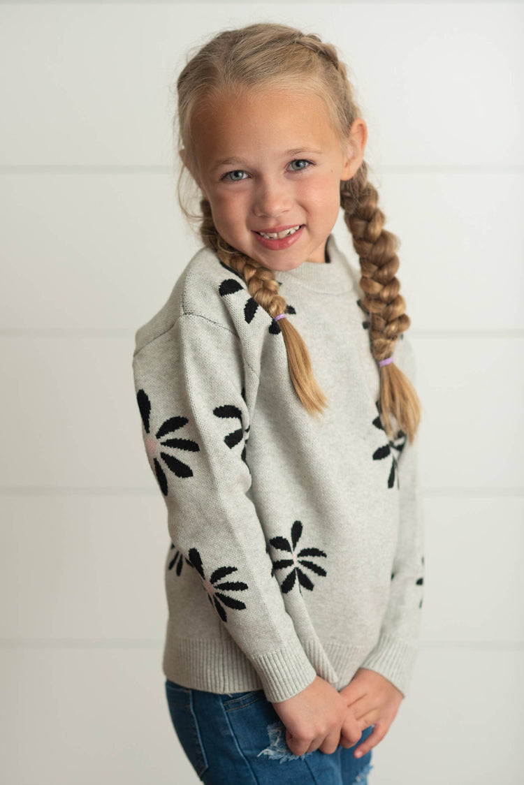 Kids Light Gray Flower Crew Neck Fall Winter Sweater