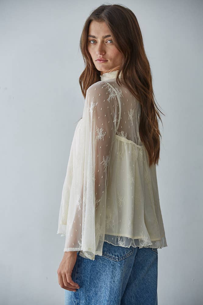 Lace Mock Neck Bell Sleeve Blouse