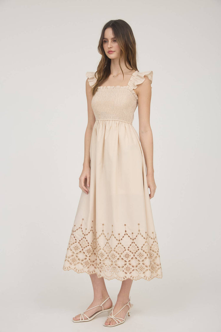 SMOCKED RUFFLE SLEEVE EYELET HEM MIDI DRESS