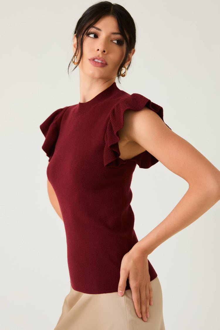MOCK NECK RUFFLE SLEEVE KNIT TOP