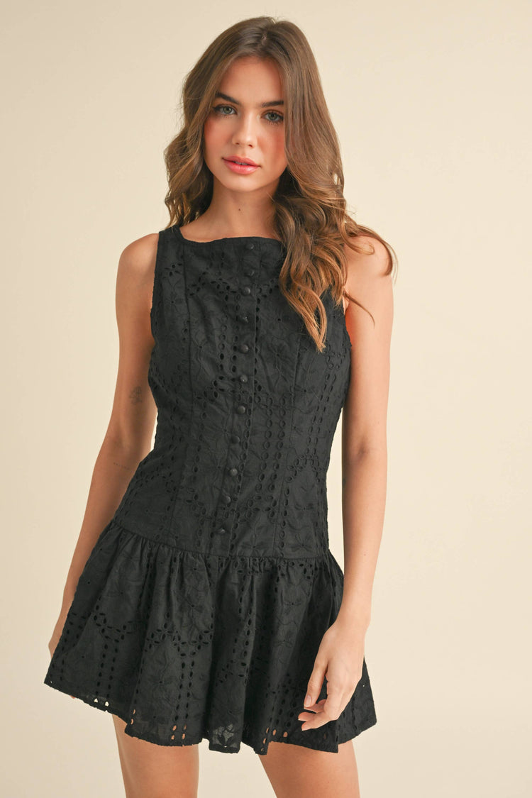 EYELET DROP WAIST BUTTON DETAILED FLARED ROMPER