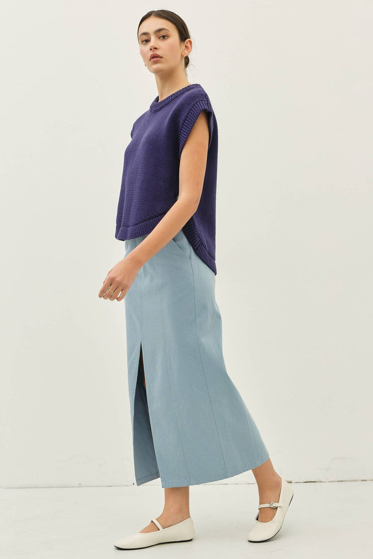ROUND NECK HI-LO SWEATER VEST WITH SIDE BUTTONS